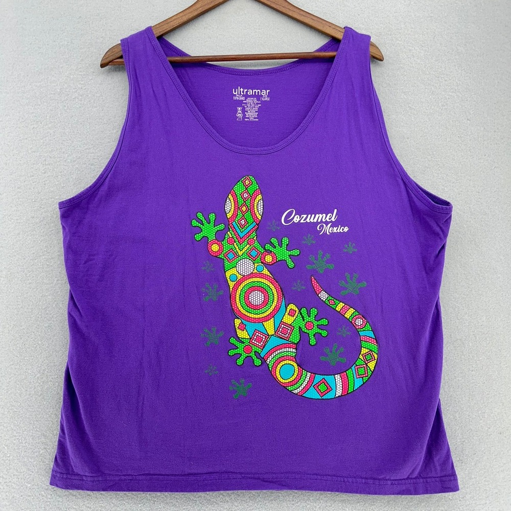Y2K Puff Paint Neon Cozumel Mexico Tourist Tank‎ Top Lizard Graphic Purple 2XL